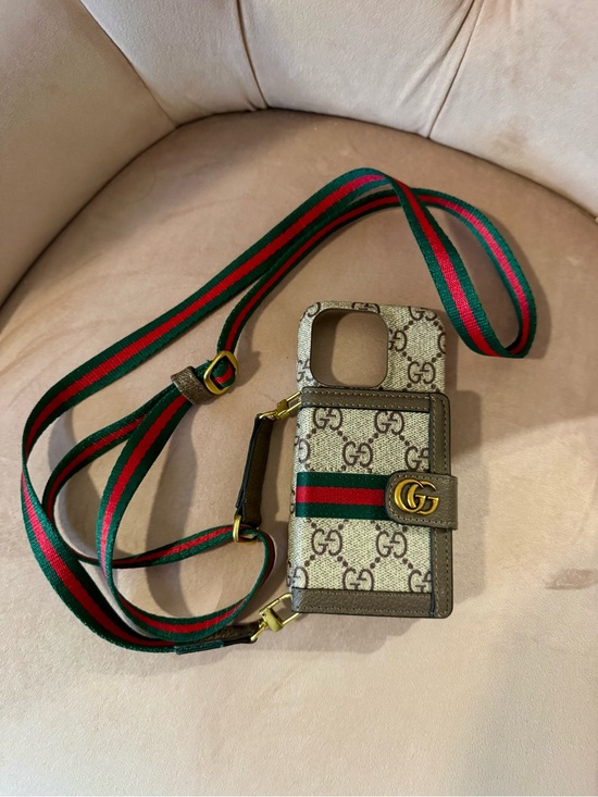 The Unbranded Brand Other - Adjustable GG Supreme Beige Crossbody Phone Case with Green-Red Web Stripe